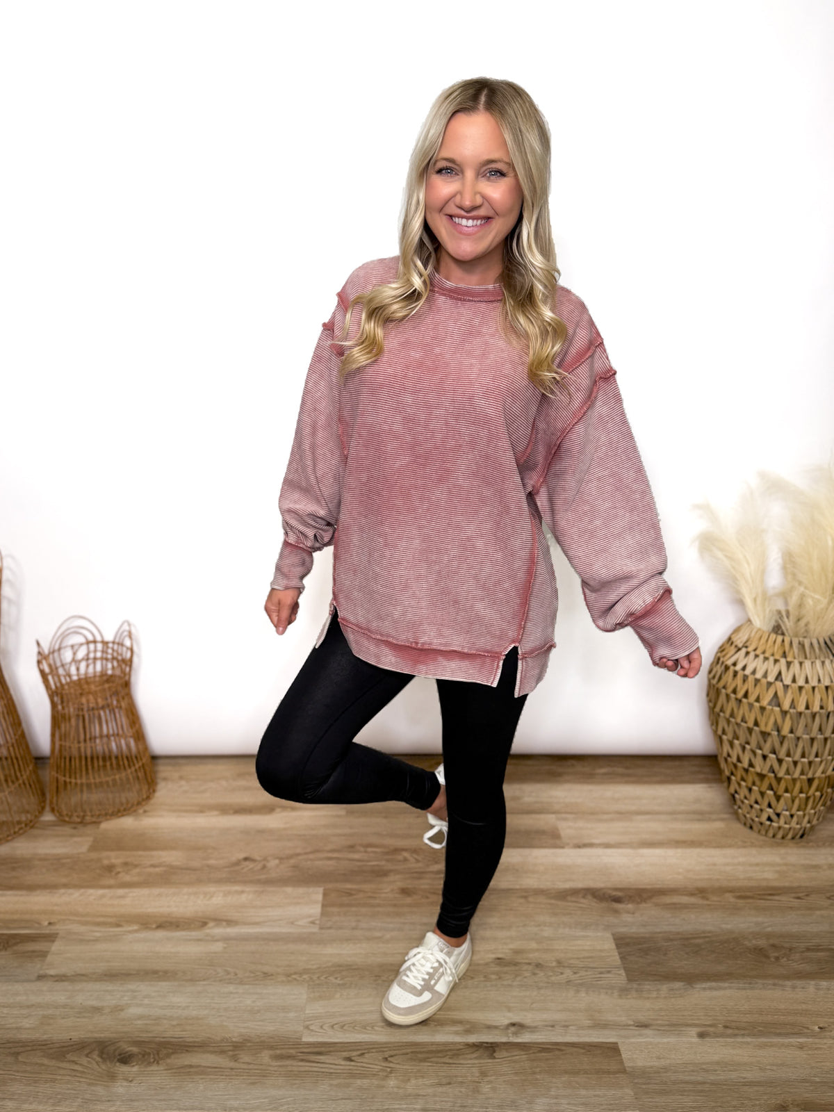 winter rose acid washed oversized cotton pullover with exposed seam details