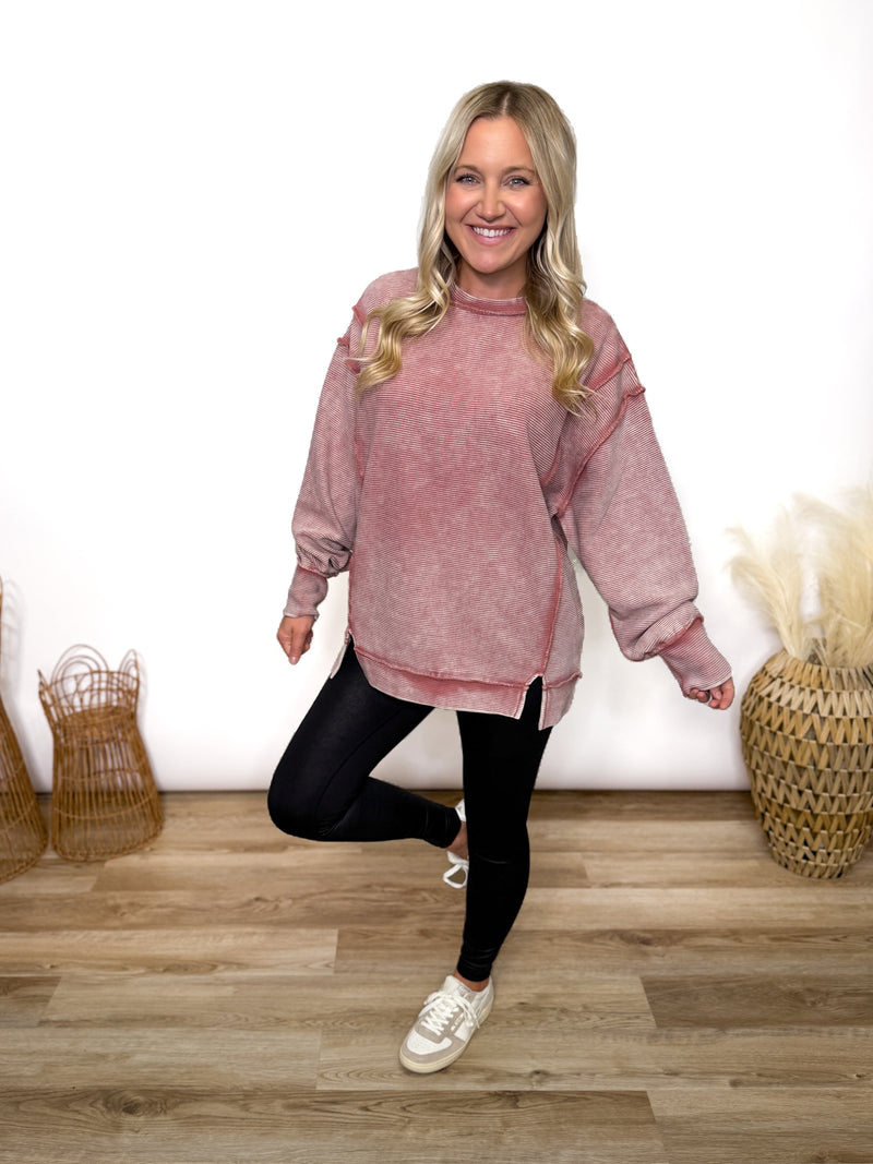 winter rose acid washed oversized cotton pullover with exposed seam details