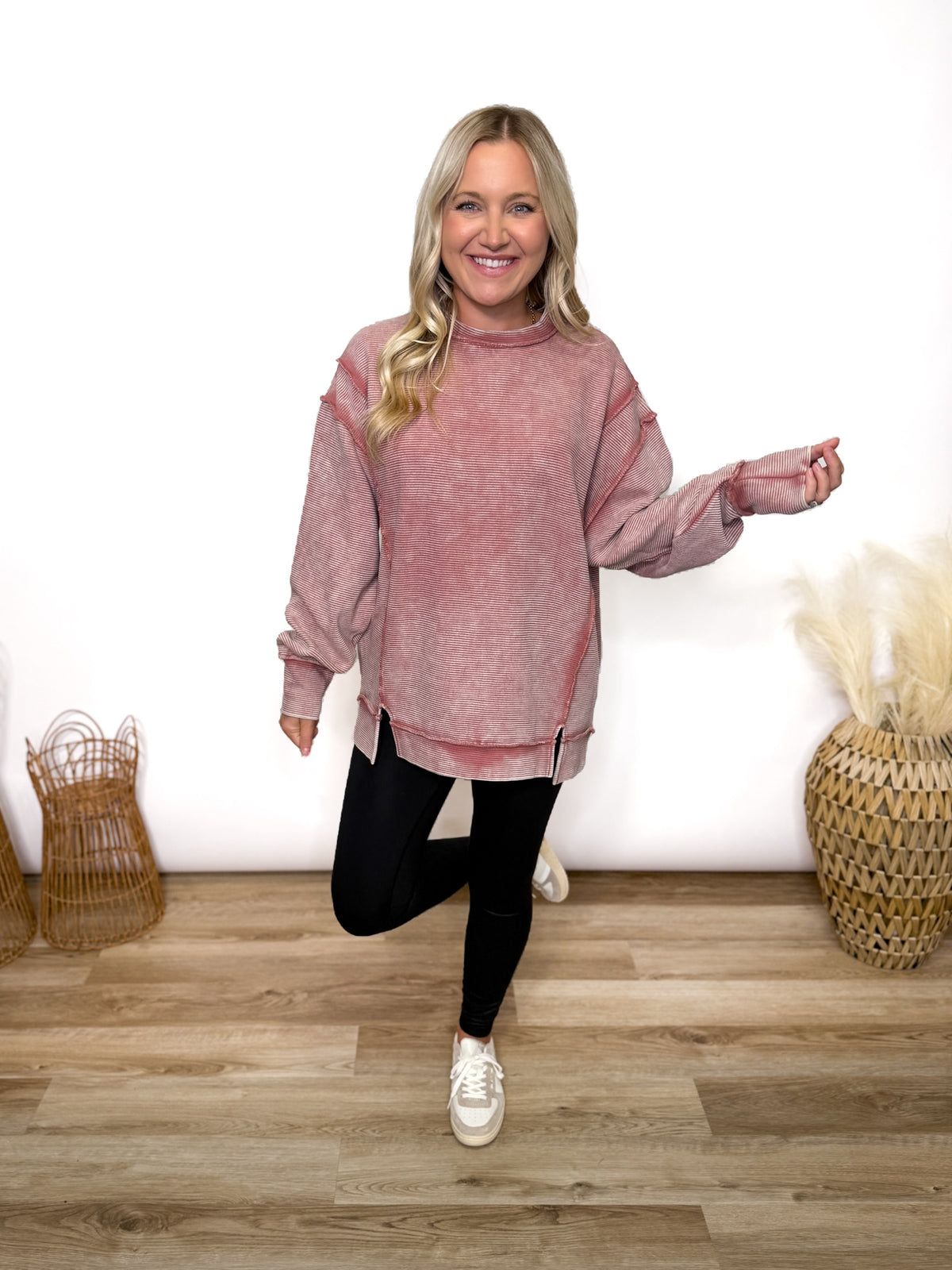 winter rose acid washed oversized cotton pullover with exposed seam details