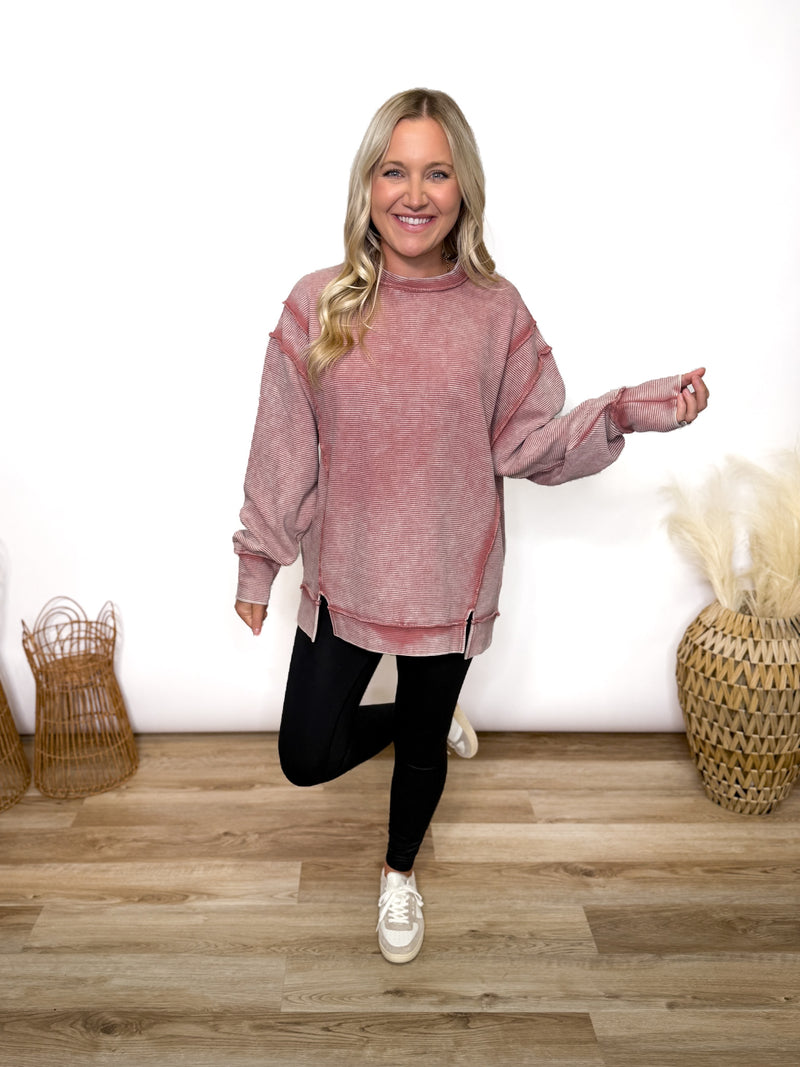 winter rose acid washed oversized cotton pullover with exposed seam details