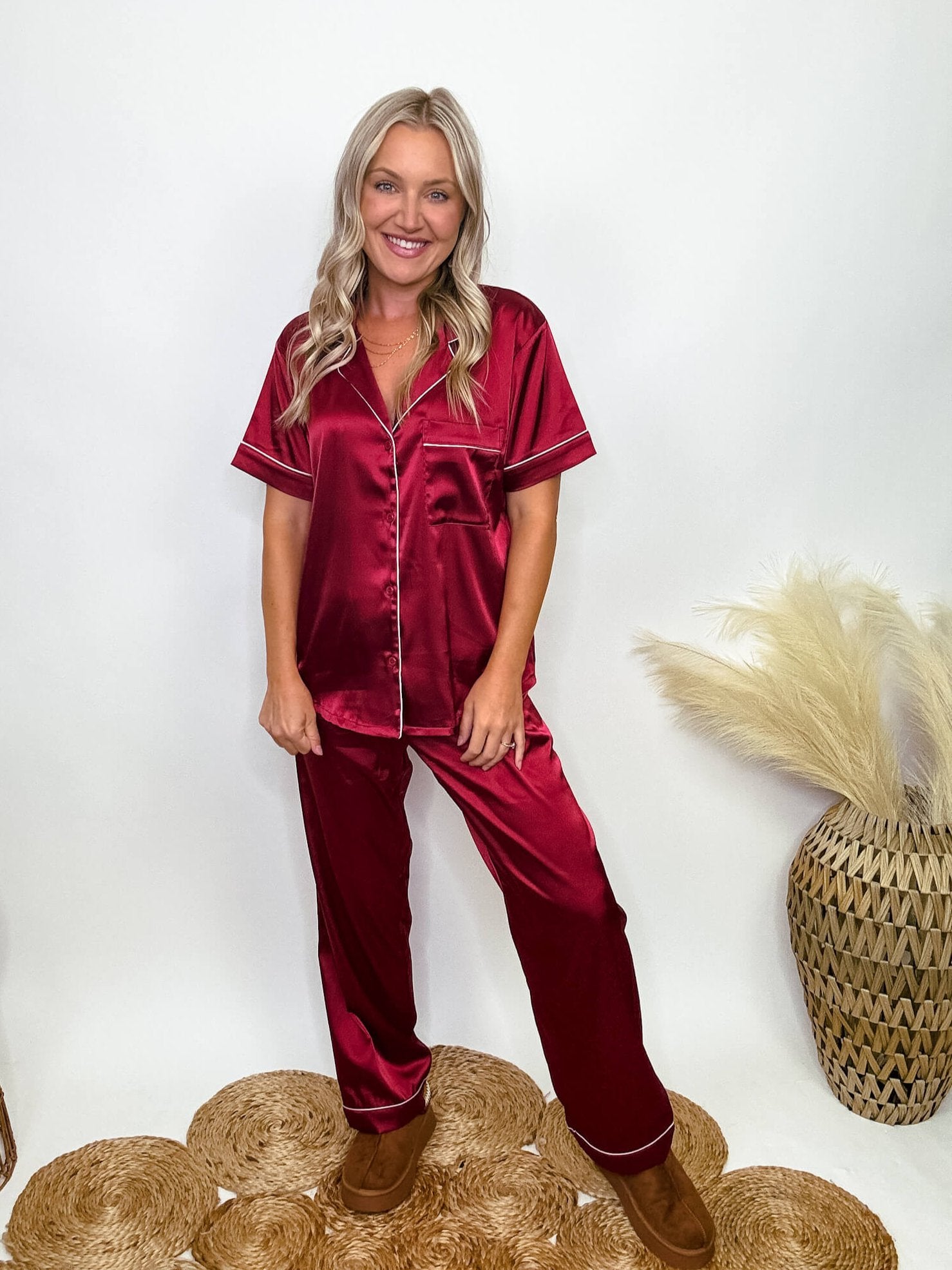 Zenana Burgundy Satin Pajama Set Bmaes Boutique