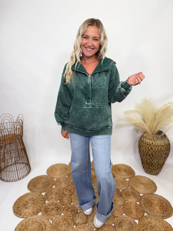 Zenana dark green acid washed oversized fleece quarter zip hoodie for women