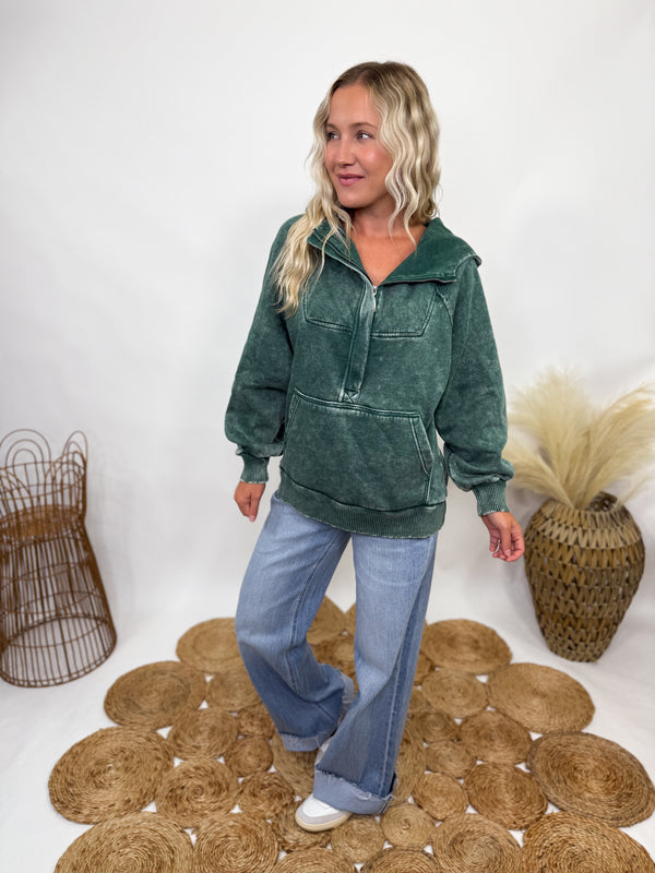 Zenana dark green acid washed oversized fleece quarter zip hoodie for women