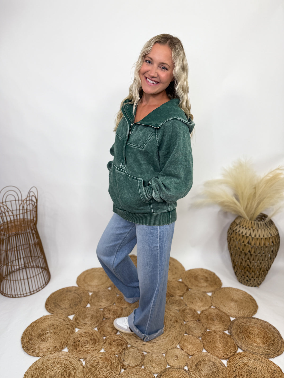 Zenana Dark Green Acid Washed Fleece Oversized 1/4 Zip Up Hoodie