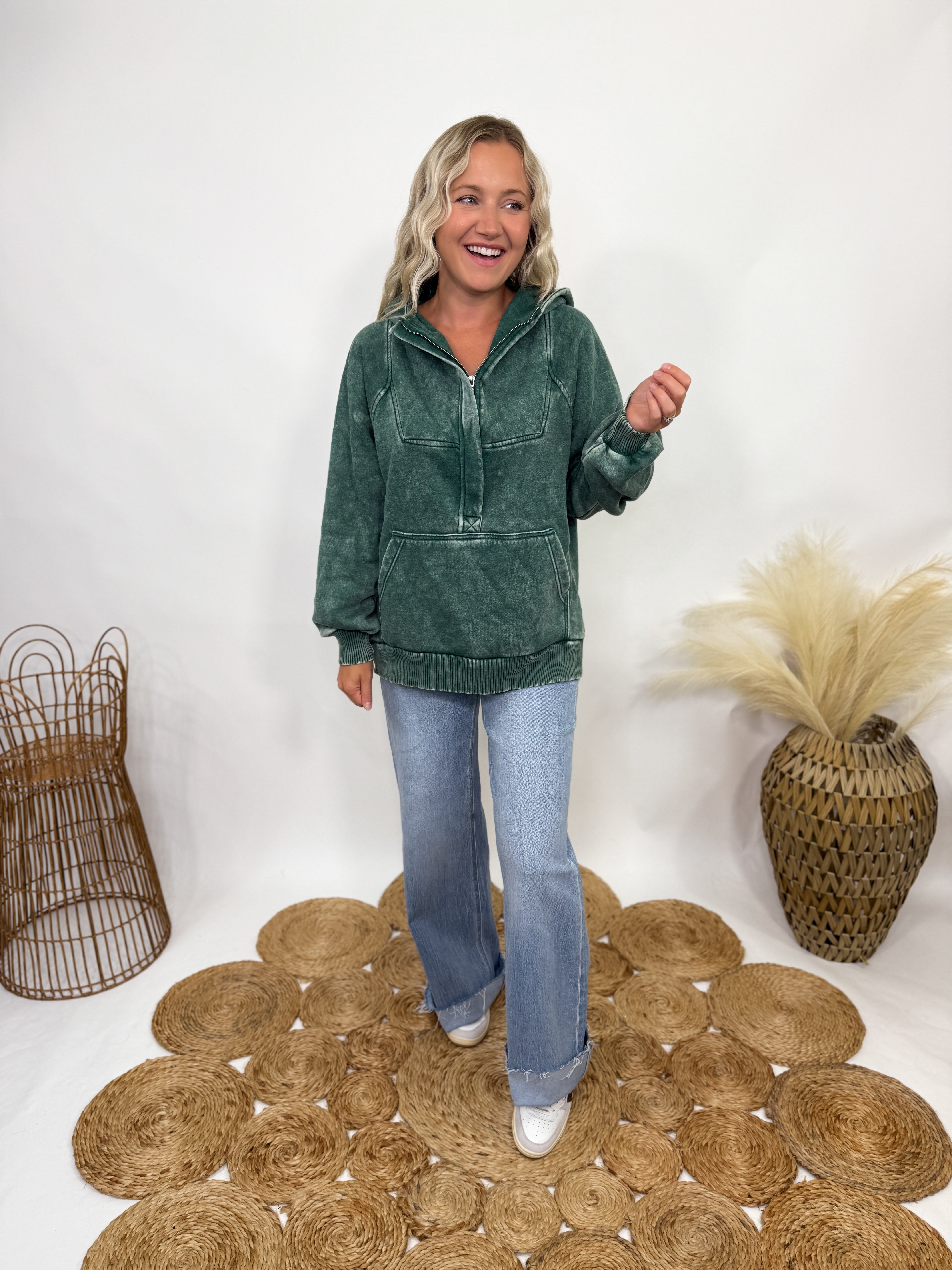 Zenana Dark Green Acid Washed Fleece Oversized 1/4 Zip Up Hoodie