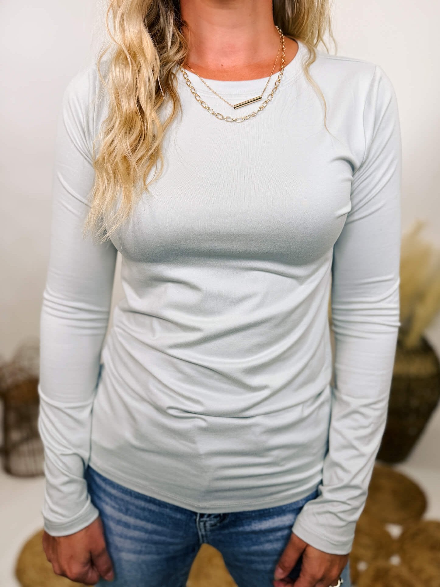 Zenana Gray Buttery Soft Round Neck Long Sleeve Top | Bmaes