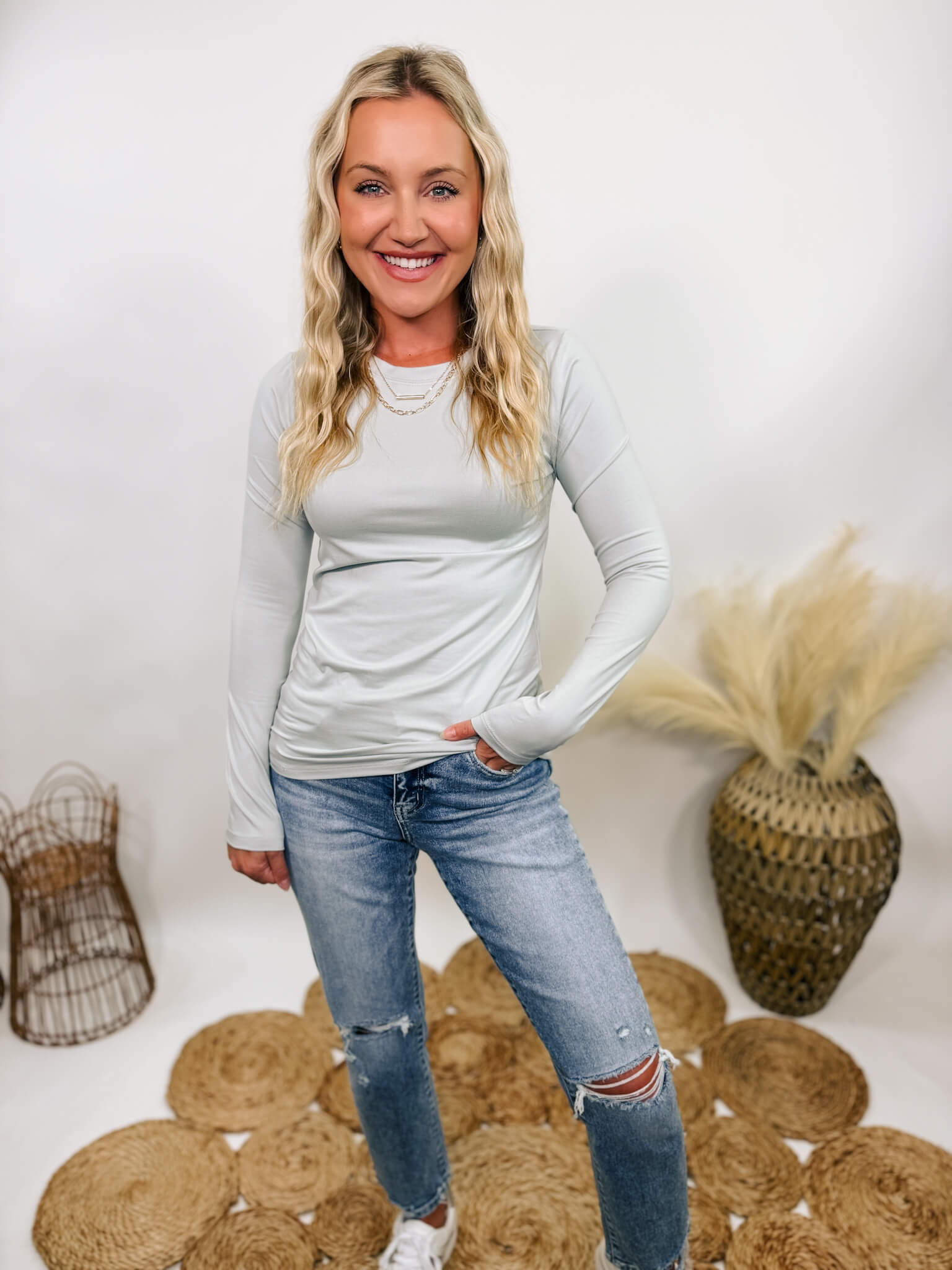 Zenana Gray Buttery Soft Round Neck Long Sleeve Top | Bmaes
