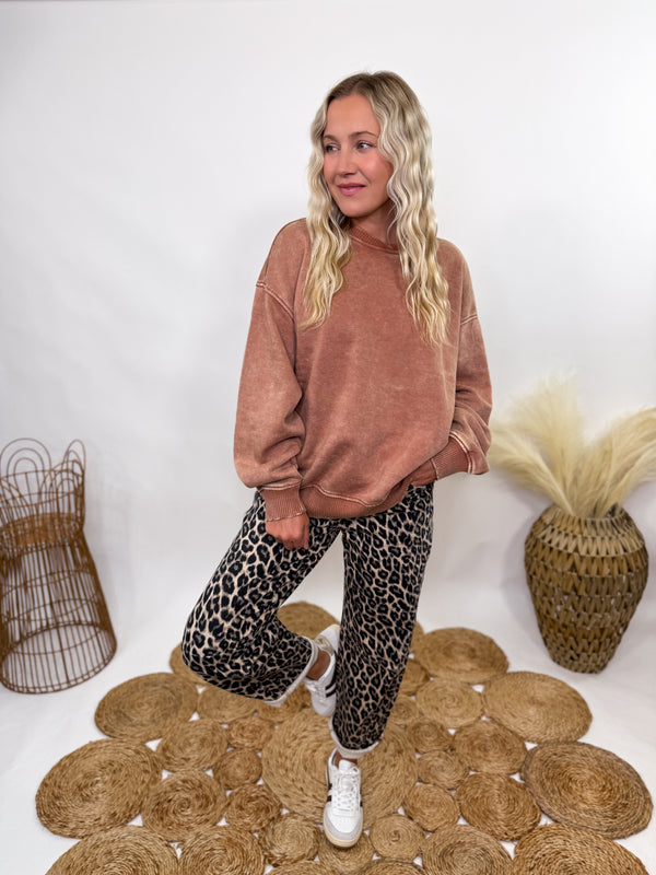 Rust acid washed oversized fleece pullover with balloon sleeves for women