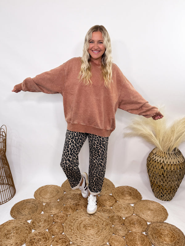 Rust acid washed oversized fleece pullover with balloon sleeves for women