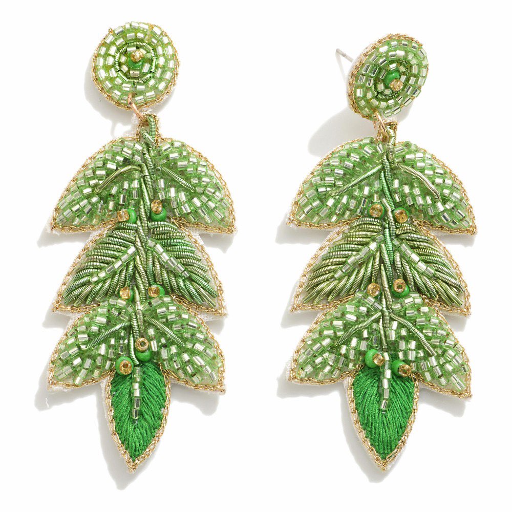 Tropical Green Seed Bead Vine Drop Earrings