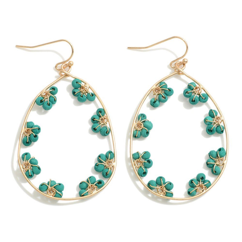 Turquoise Gold Tone Drop Earrings With Beaded Flower Detail