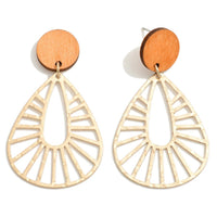 Wood and Hammered Gold Teardrop Earrings