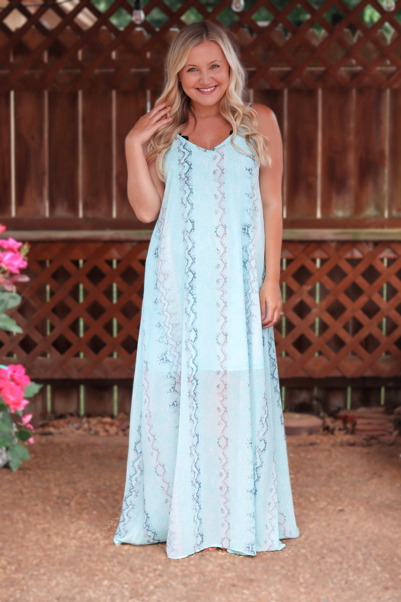Blue Snakeskin Print Spaghetti Strap V-Neck Maxi Dress Partially Lined Semi Sheer  V-Neck in Front and Back Relaxed Flowy Fit True to Size Bump/Maternity Friendly 100% Polyester