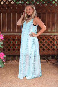 Blue Snakeskin Print Spaghetti Strap V-Neck Maxi Dress Partially Lined Semi Sheer  V-Neck in Front and Back Relaxed Flowy Fit True to Size Bump/Maternity Friendly 100% Polyester
