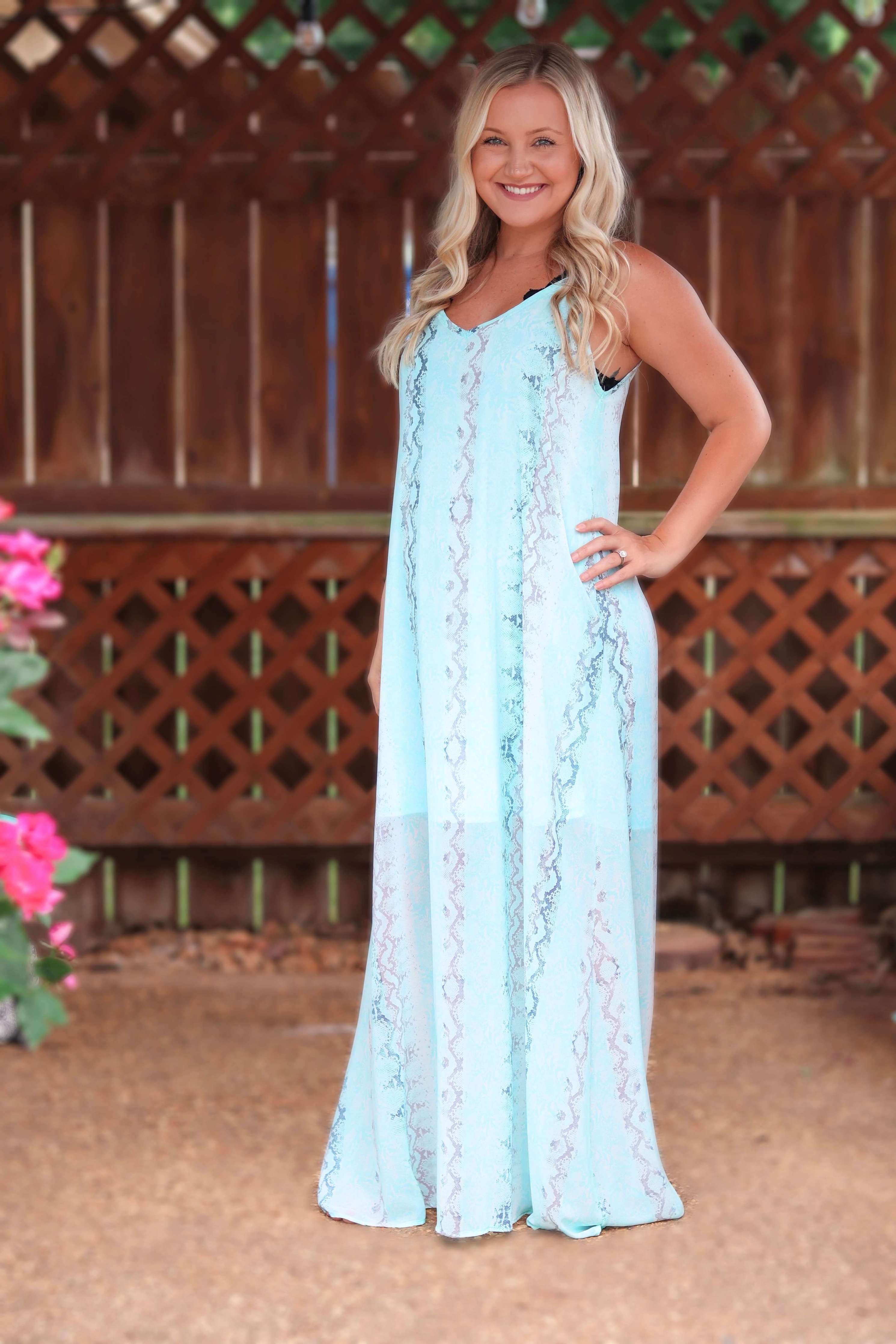 Blue Snakeskin Print Spaghetti Strap V Neck Maxi Dress Bmaes