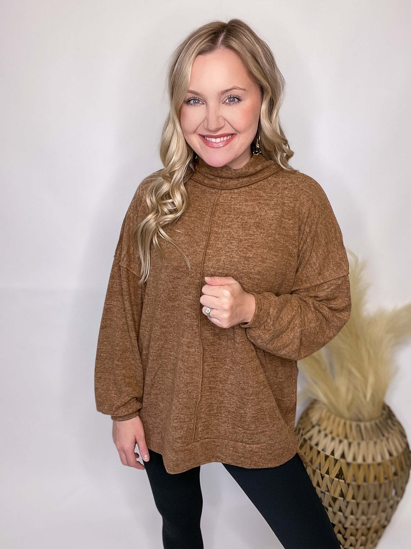 Brown Soft Brushed Hacci Mock Neck Lightweight Sweater Stretchy Material Exposed Seam Details Side Slits Oversized Fit 82% Polyester, 15% Rayon, 3% Spandex