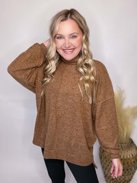Brown Soft Brushed Hacci Mock Neck Lightweight Sweater Stretchy Material Exposed Seam Details Side Slits Oversized Fit 82% Polyester, 15% Rayon, 3% Spandex