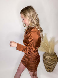 Copper Long Sleeve Button Up Ruched Mini Dress
