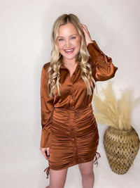 Copper Long Sleeve Button Up Ruched Mini Dress