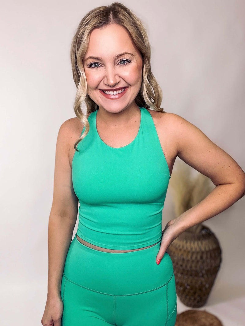 Criss-Cross Strappy Crop Tank with Built in Sports Bra in Emerald