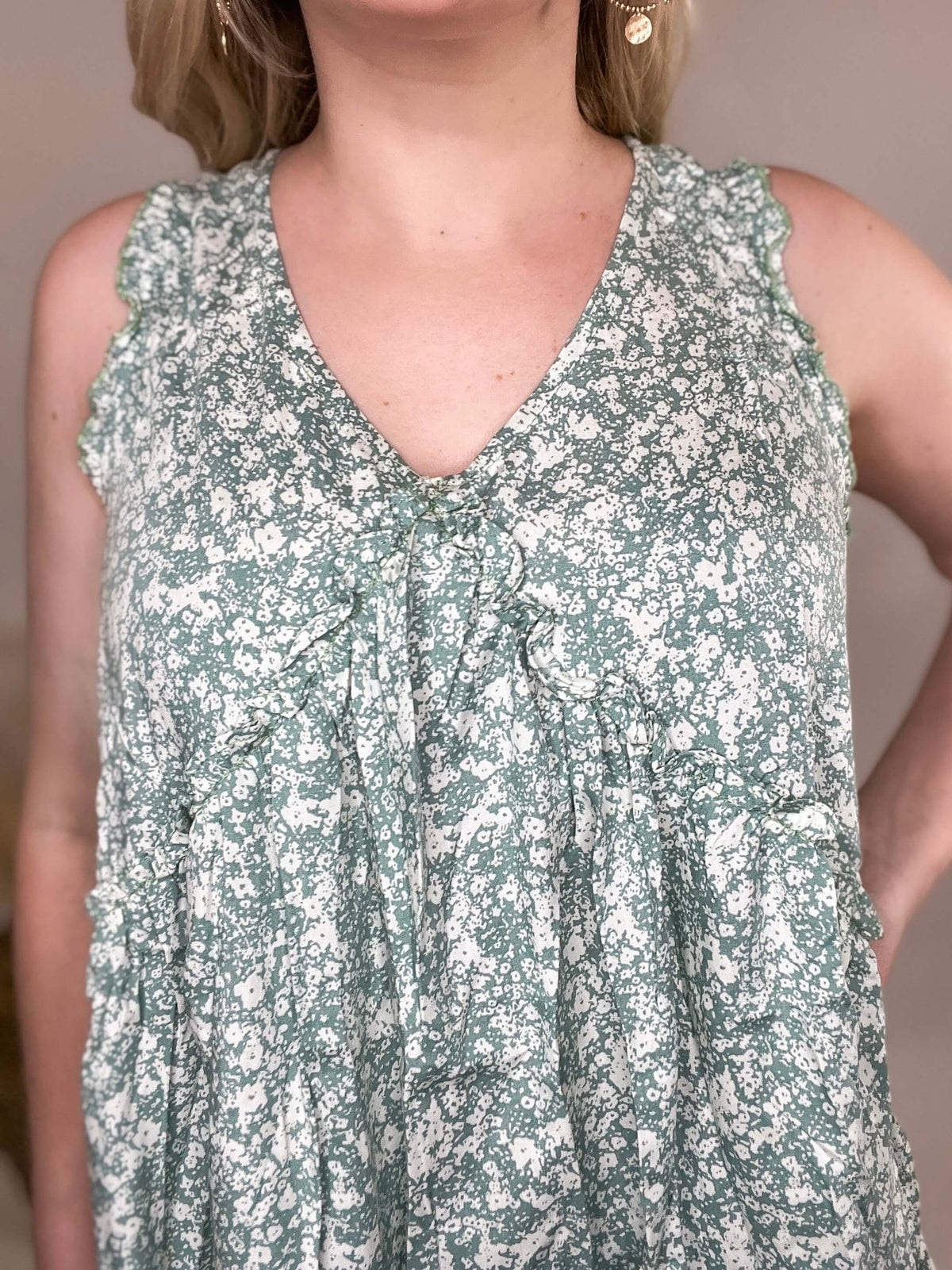 Floral Print Ruffle Tank Top in Light Sage