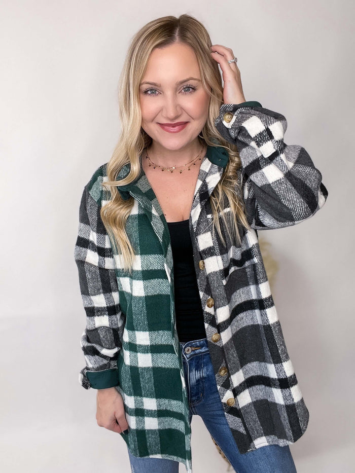 Green and Black Plaid Colorblock Oversized Shacket