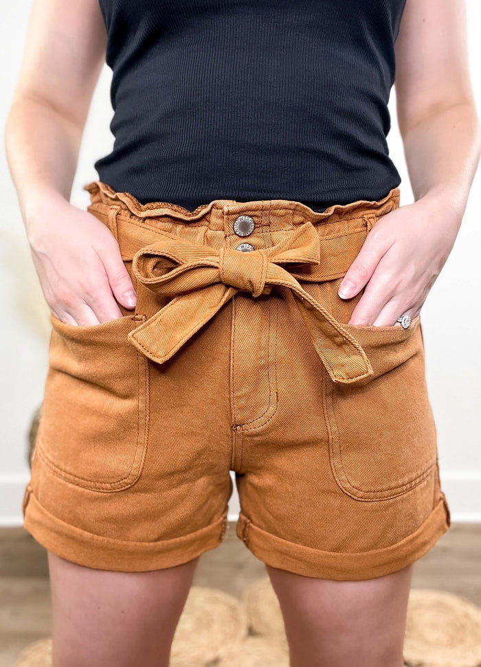 High Rise Belted Paperbag Shorts with Pockets and Elastic Waist