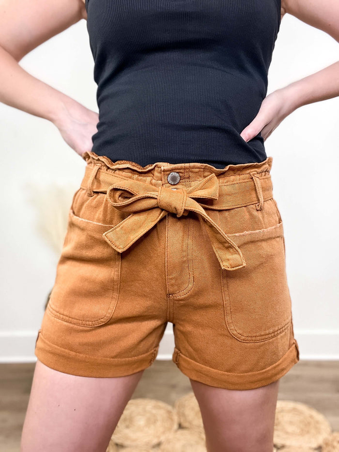 High Rise Belted Paperbag Shorts with Pockets and Elastic Waist