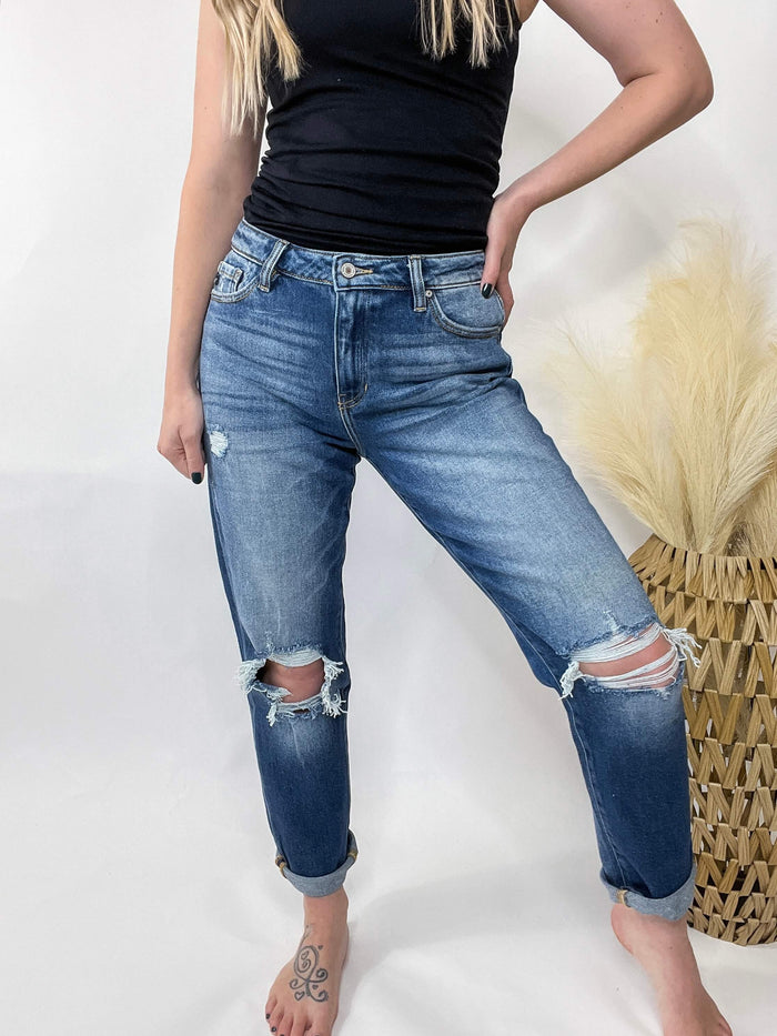Dark Wash KanCan Distressed Mom Jeans Comfort Stretch 99% Cotton, 1% Spandex 10.5" Rise, 26" Inseam (After 2" Single Fold)