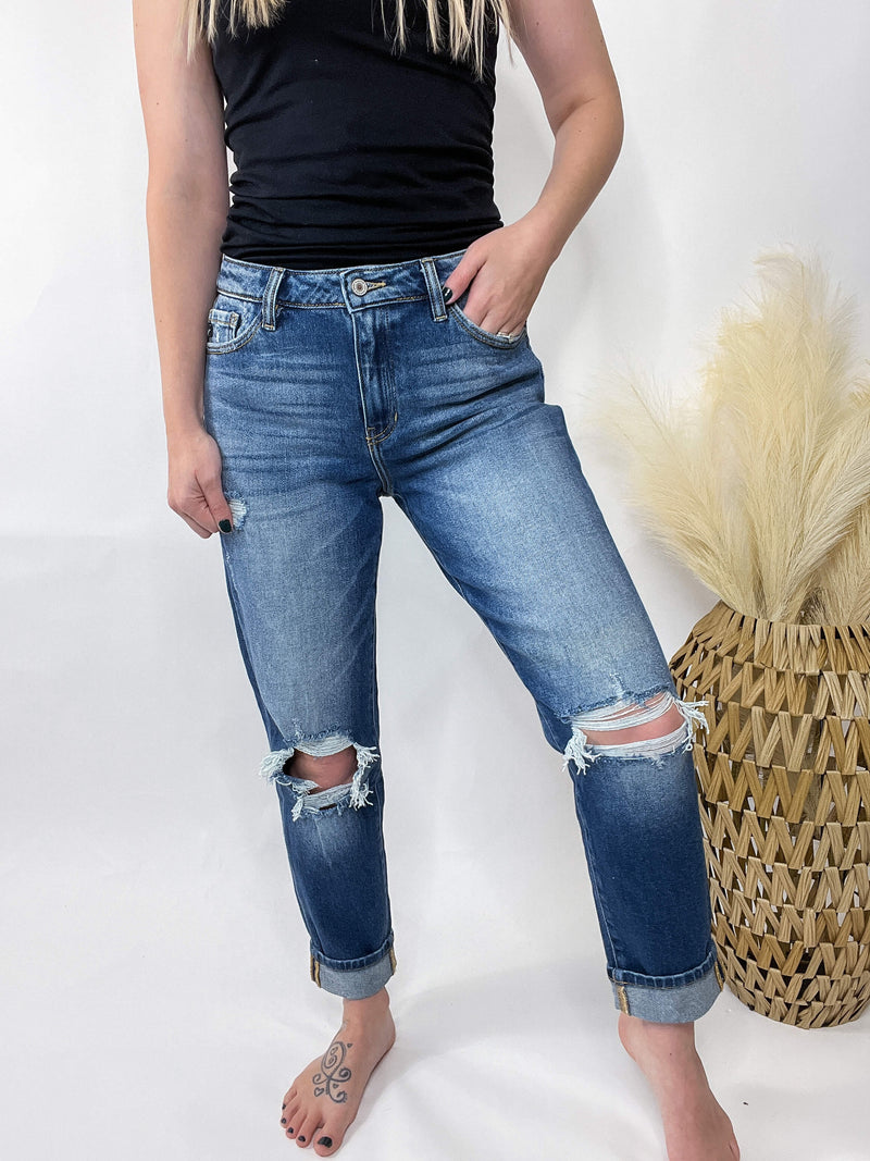 Dark Wash KanCan Distressed Mom Jeans Comfort Stretch 99% Cotton, 1% Spandex 10.5" Rise, 26" Inseam (After 2" Single Fold)Dark Wash KanCan Distressed Mom Jeans Comfort Stretch 99% Cotton, 1% Spandex 10.5" Rise, 26" Inseam (After 2" Single Fold)