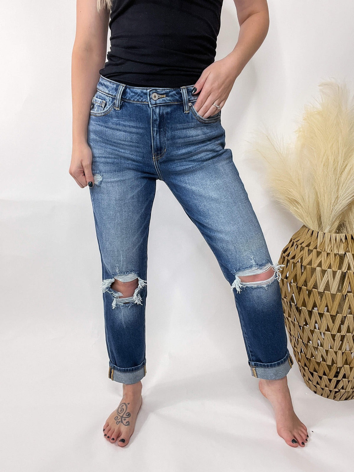 Dark Wash KanCan Distressed Mom Jeans Comfort Stretch 99% Cotton, 1% Spandex 10.5" Rise, 26" Inseam (After 2" Single Fold)