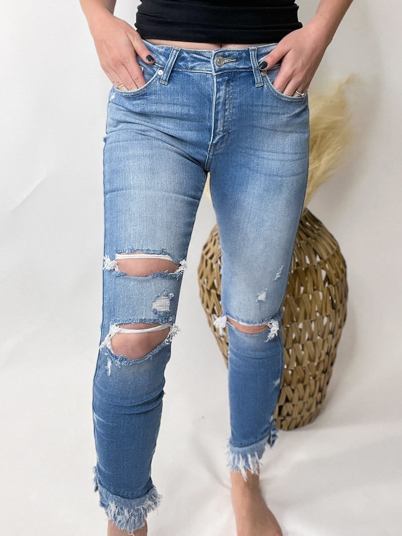 Light Wash KanCan Tiered Frayed Ankle Distressed Skinny Jeans
