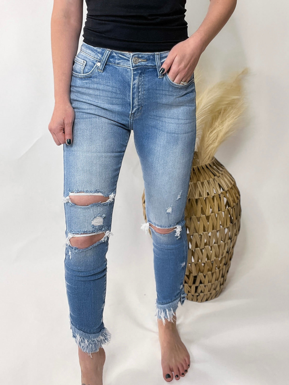 Light Wash KanCan Tiered Frayed Ankle Distressed Skinny Jeans
