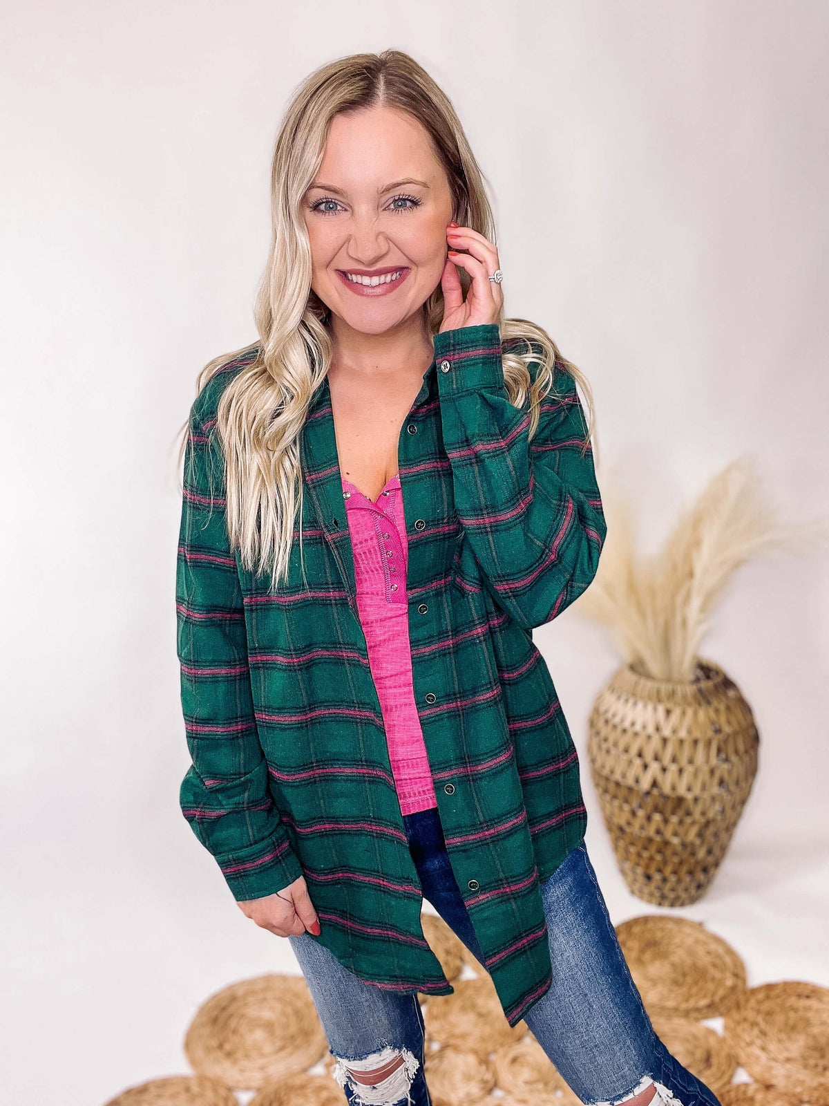 Oversized Green and Pink Plaid Spring Flannel