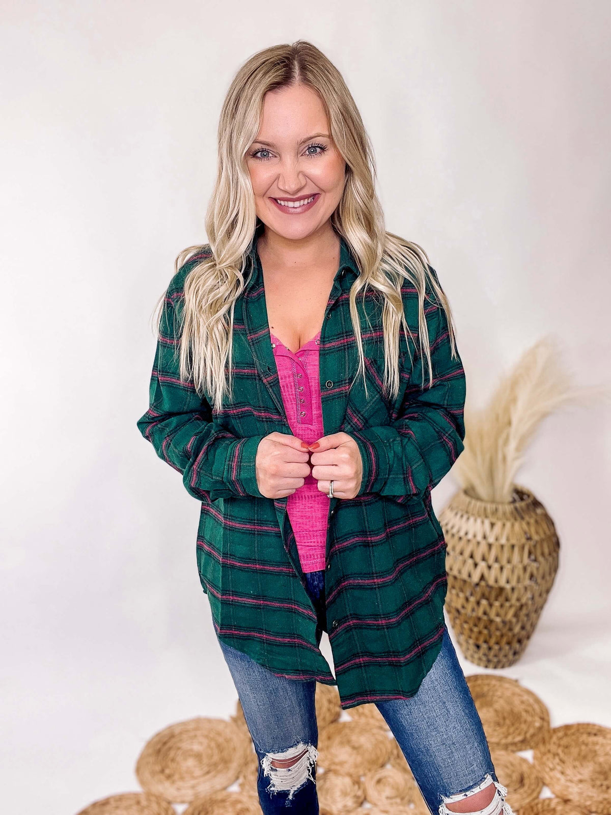 Oversized Green and Pink Plaid Spring Flannel