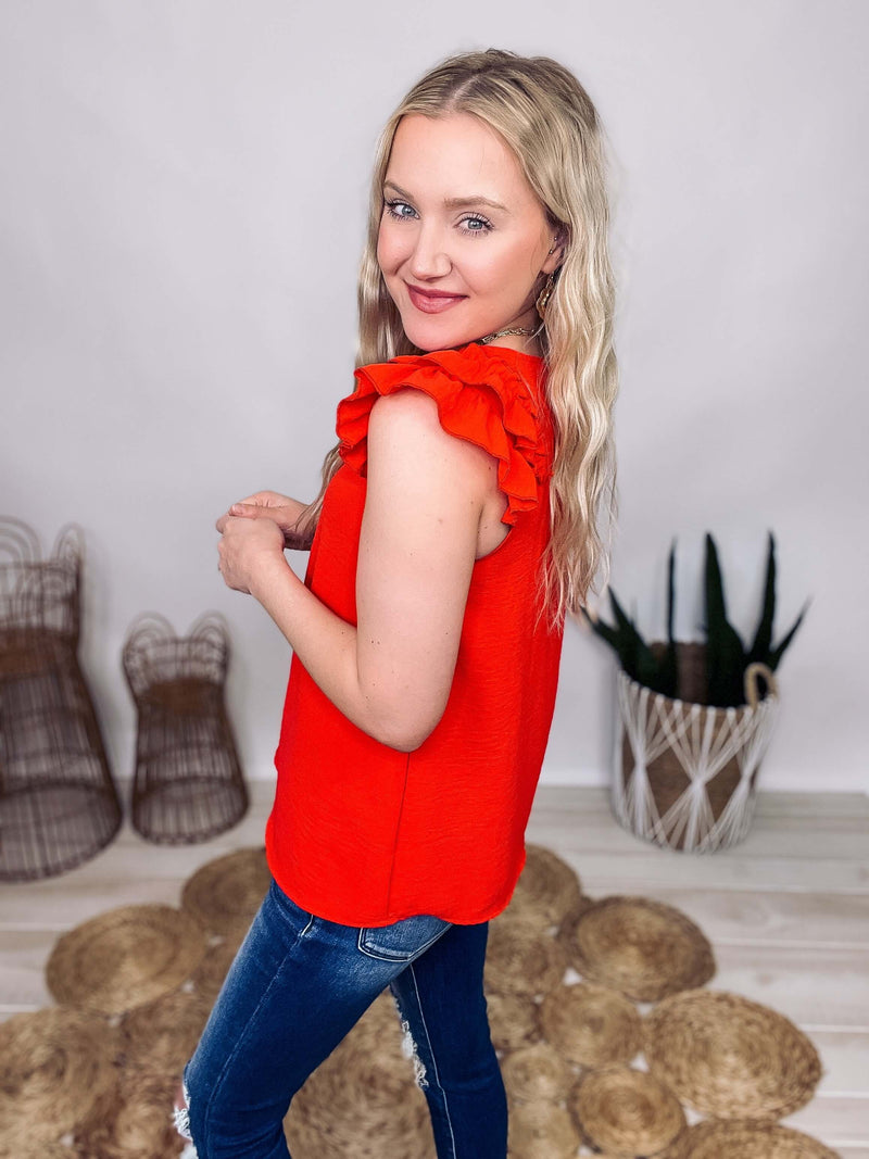Red Ruffle Sleeve Tank True to Size 100% Polyester