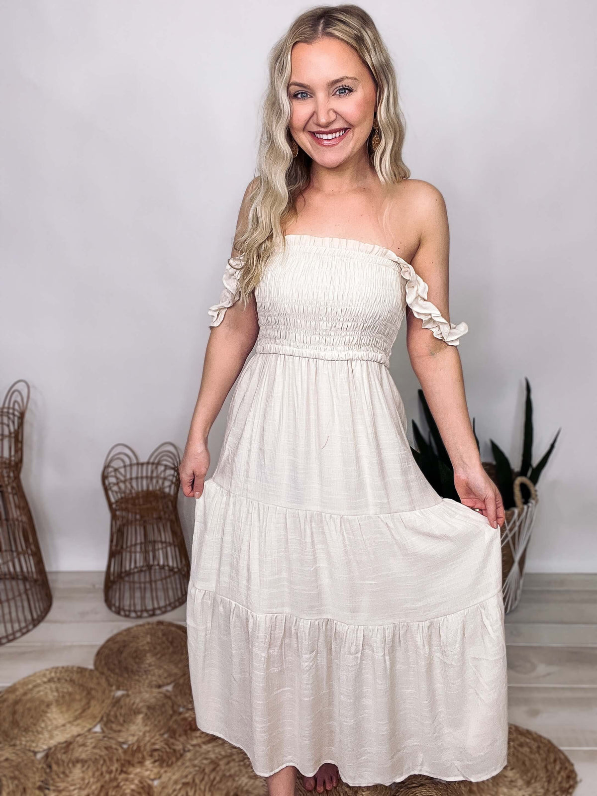 Natural Midi Dress Ruffle Straps Smocked Stretchy Bust Tiered Body Flowy Fit Lined True to Size