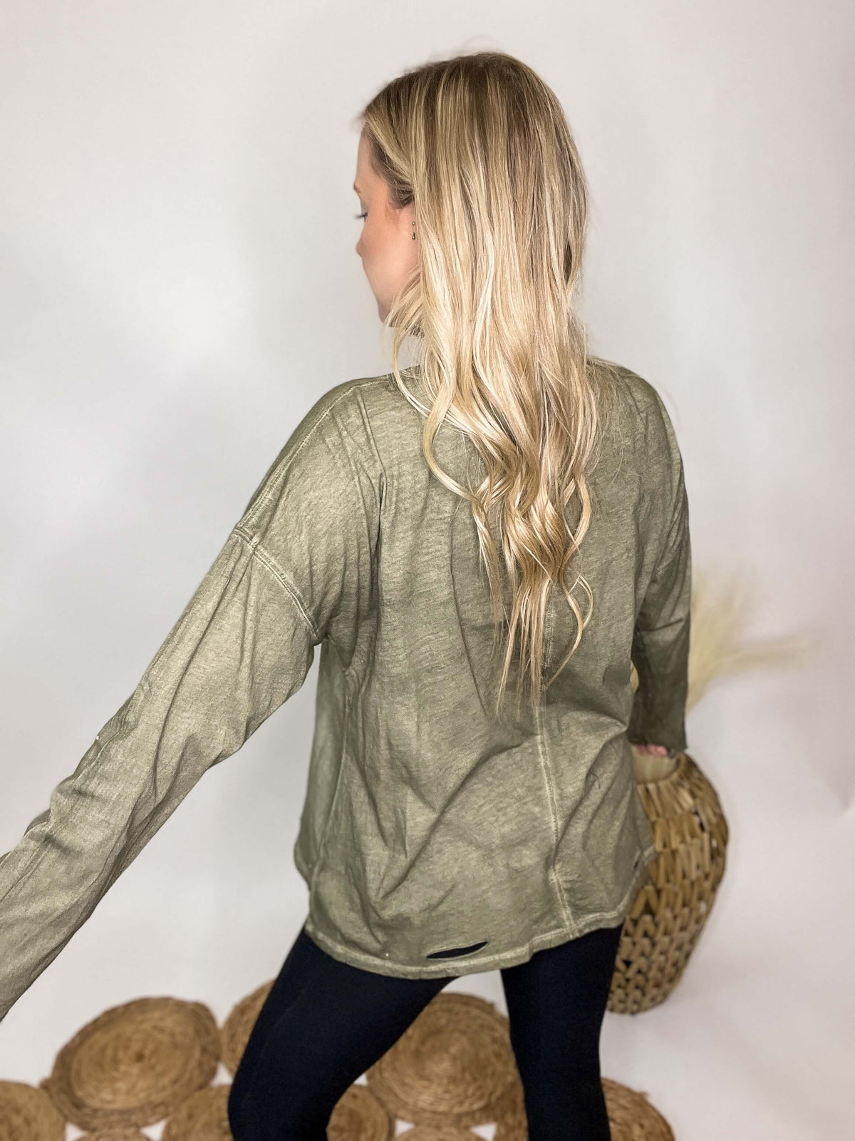 Stone Olive Garment Dyed Mock Neck Long Sleeve Top Distressed Hem Relaxed Loose Fit 100% Cotton