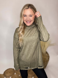 Stone Olive Garment Dyed Mock Neck Long Sleeve Top Distressed Hem Relaxed Loose Fit 100% Cotton