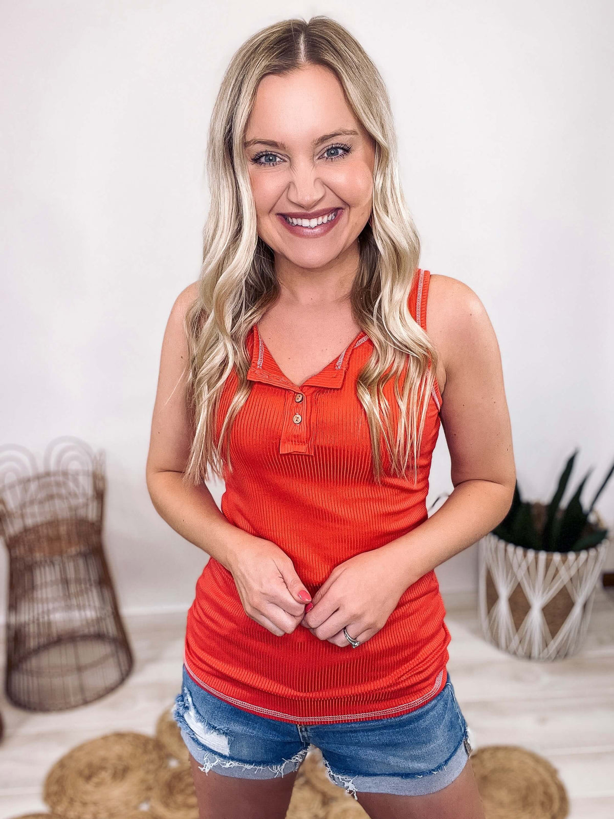 Stretchy Ribbed Button Up Henley Tank in Coral