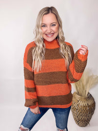 Tangerine and Brown Striped Chunky Knit Sweater