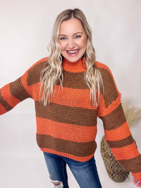 Tangerine and Brown Striped Chunky Knit Sweater