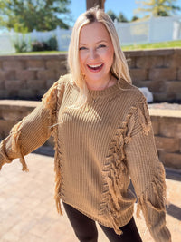 Tan Tied Tassel Fringe Oversized Sweater 100% Acrylic 