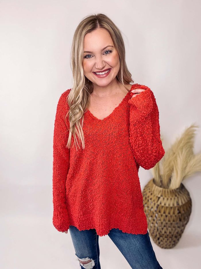 Vibrant Red Popcorn Sweater Side Slits V-Neckline Relaxed Fit 80% Polyester, 20% Acrylic 