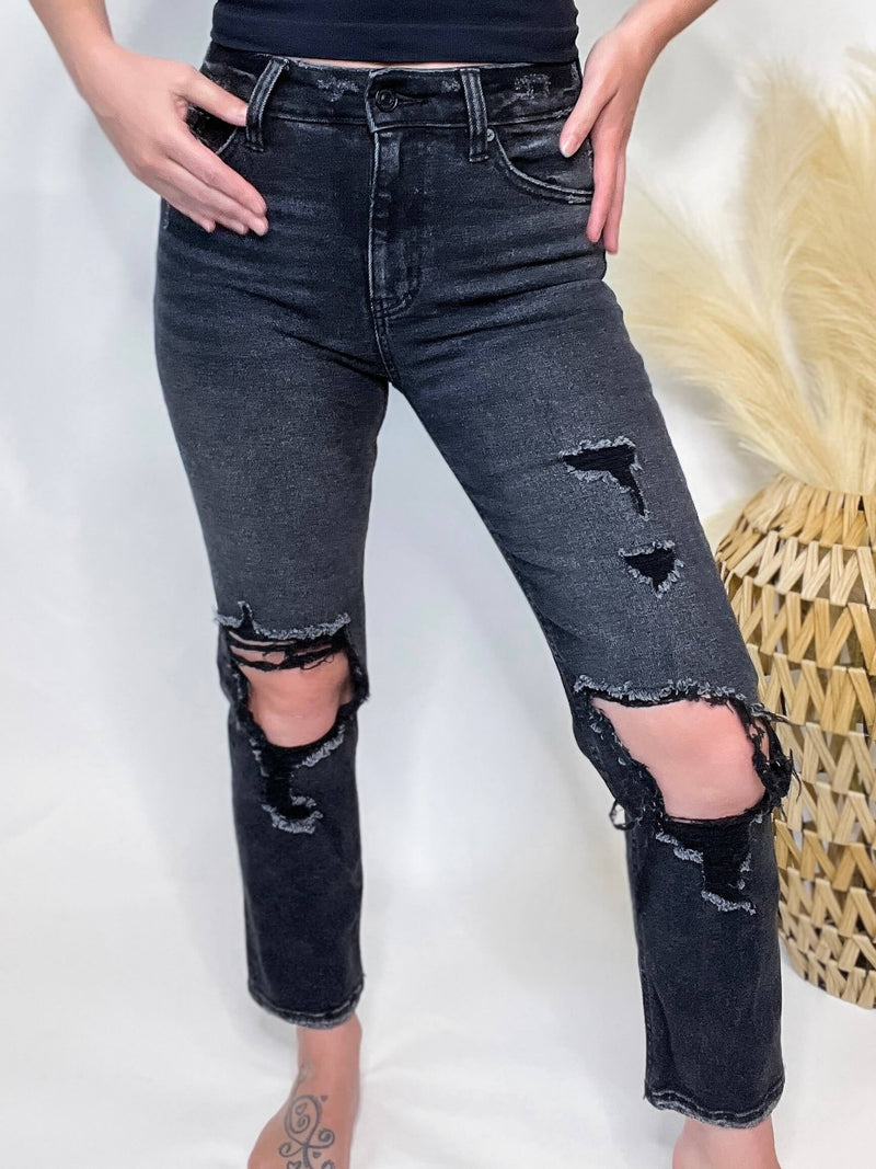 Vintage Black KanCan Stretchy High Rise Straight Distressed Jeans – Bmaes  Boutique