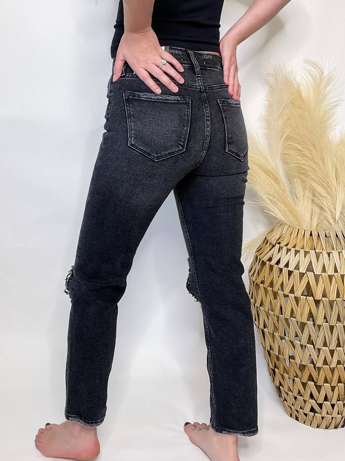 Vintage Black  High Rise KanCan Jeans Comfort Stretch Distressed Straight Leg Jeans True to Size 99% Cotton, 1% Spandex 10.5" Rise, 27" Inseam